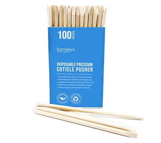 Box of disposable precision cuticle pushers with a blue label on a white background