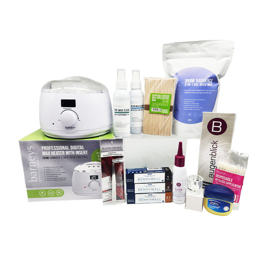 Collection of beauty and grooming products including a digital wax heater, bottles, and boxes on a white background.