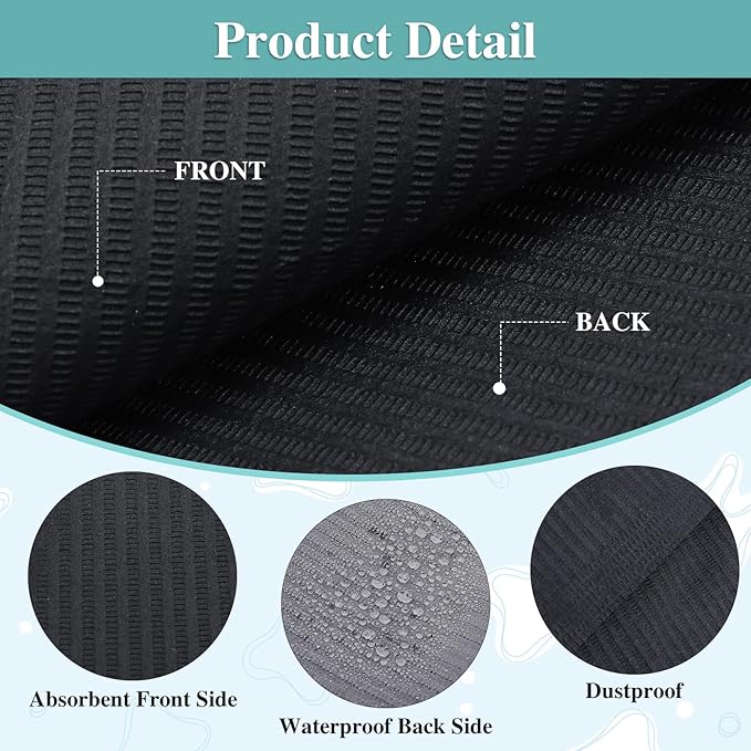 Product detail of a black fabric with labeled front and back sides, showing absorbent, waterproof, and dustproof features.